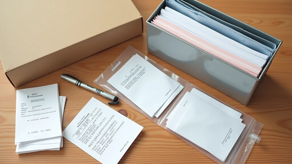 Diferite opțiuni de stocare: cutie de carton, dosare metalice și saci de plastic cu chitanțe organizate