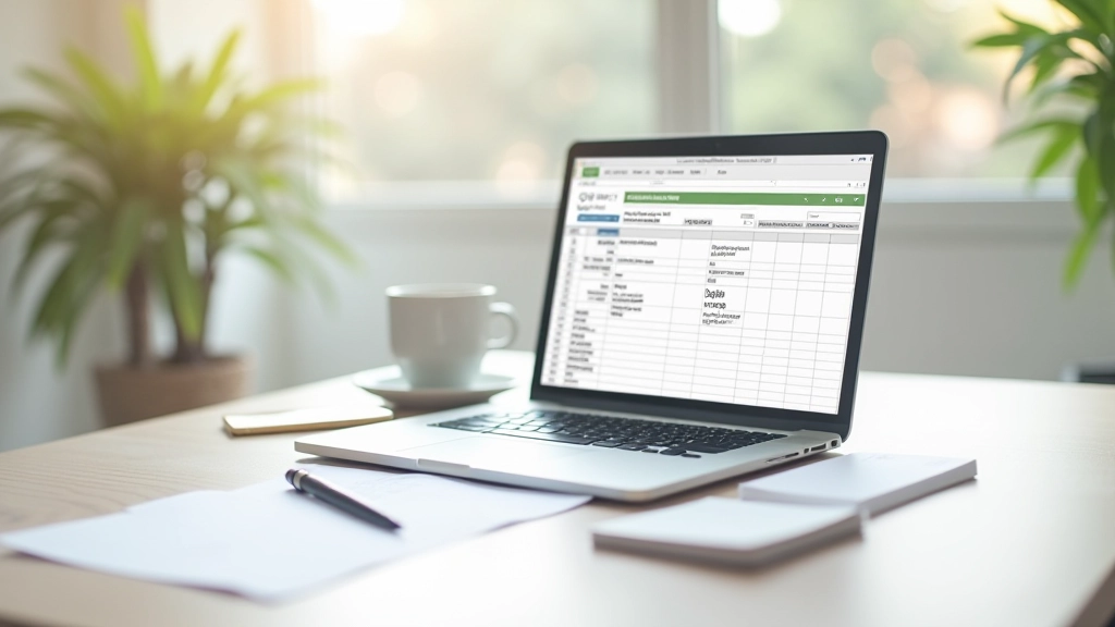 Birou modern cu laptop deschis pe o foaie de calcul financiară, cafea și pix pe masă