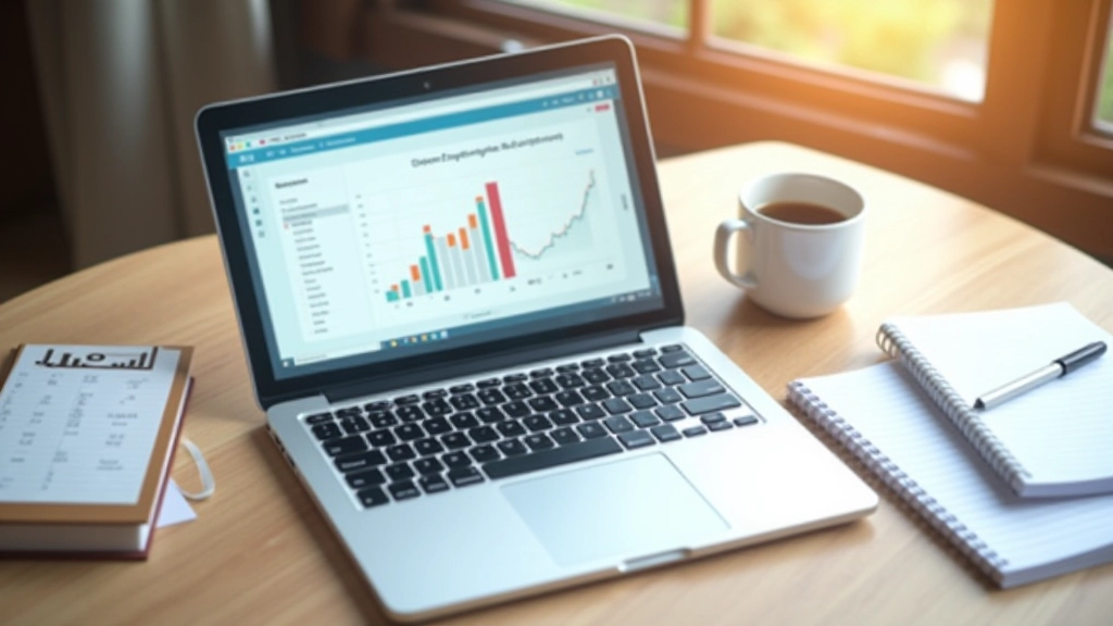 Laptop deschis cu aplicație de bugetare pe ecran, lângă o cană de cafea și o agendă