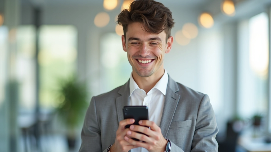 Persoană zâmbind în timp ce folosește o aplicație de bugetare pe telefon, background modern și luminos