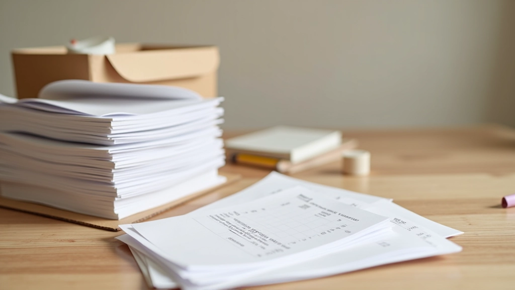 Stivă de chitanțe și bonuri lângă o cutie de organizare pe birou