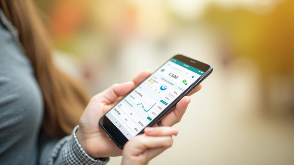 Mână ținând un telefon mobil cu aplicație de bugetare pe ecran, tablă de scor financiar