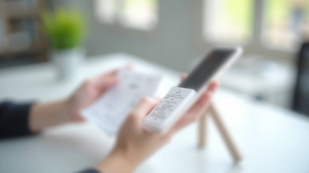 Mână care ține un smartphone fotografiind o chitanță pe birou, cu folder digital vizibil pe ecran