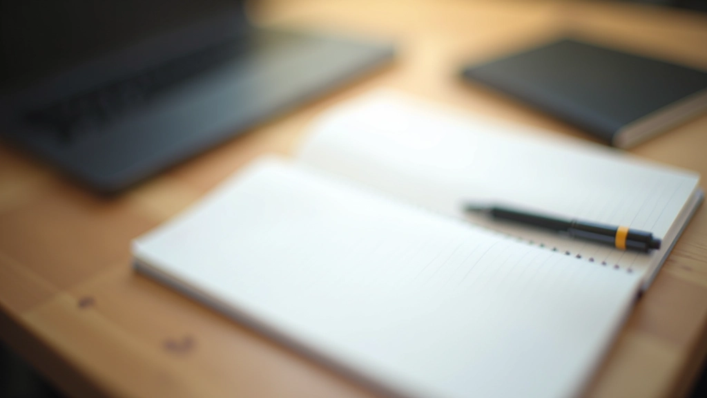 Birou de lucru cu caiet deschis, pix și calculator portabil pe masă din lemn — imagine de top view cu lumina naturală