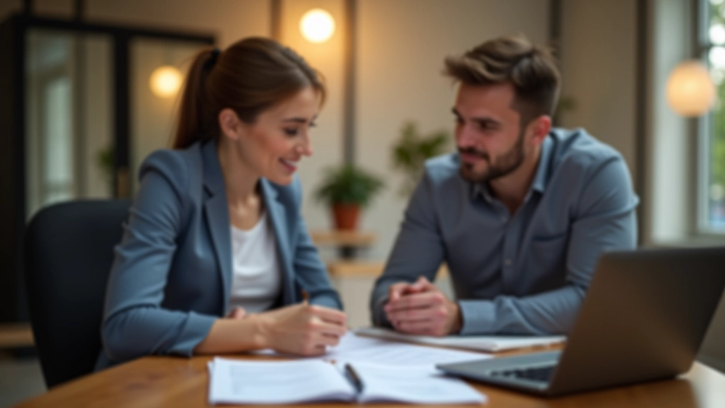 Două persoane discutând la birou cu documente și calculator pe masă — fotografie profesională din unghi de 45 de grade