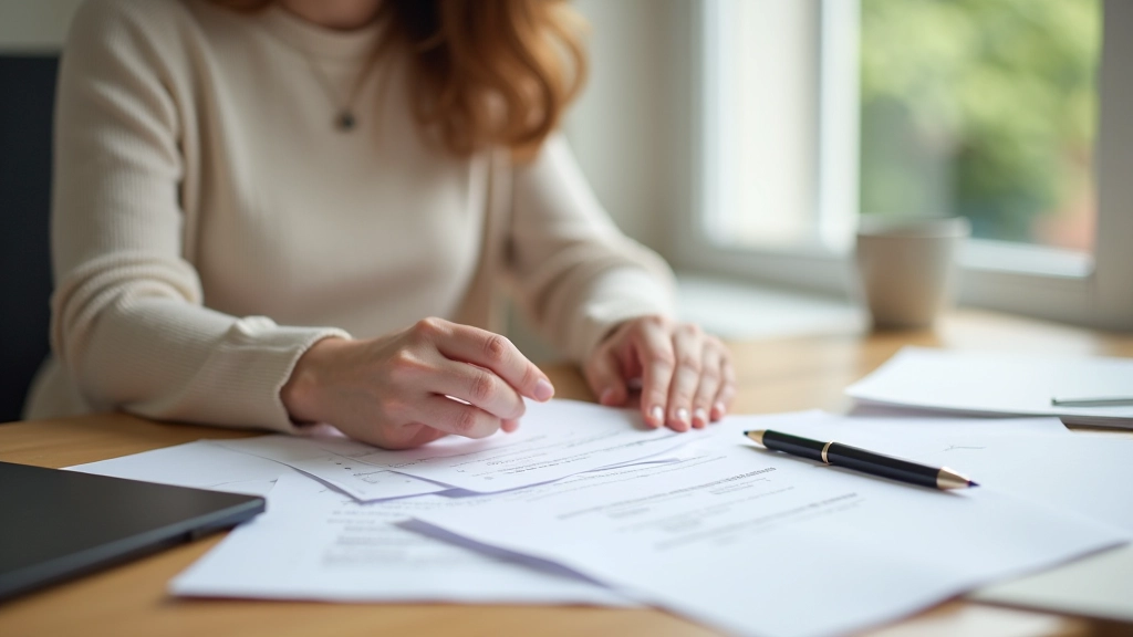 Femeie care organizeaza chitanțe și documente financiare pe birou, cu foldere și dosare colorate